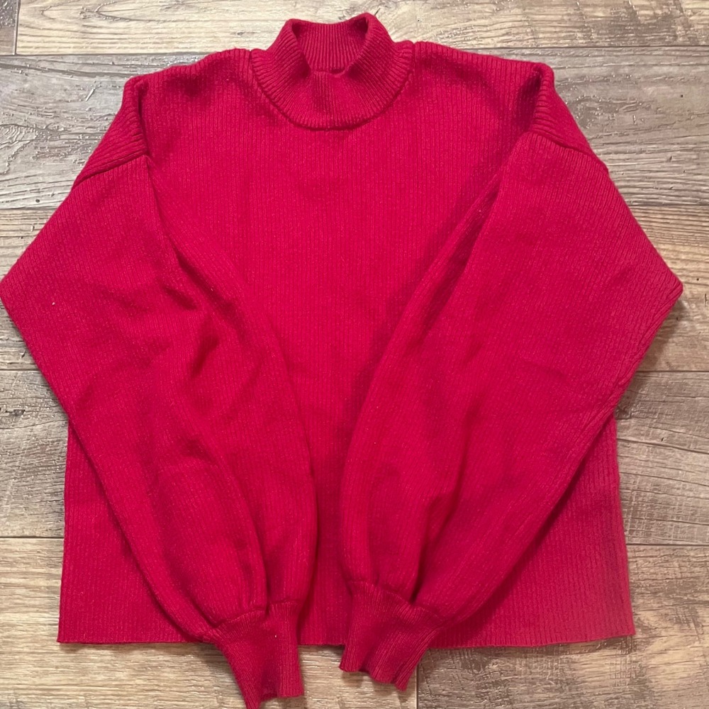 FOREVER 21 Mock Neck Ribbed Balloon‎ Sleeve Sweater Magenta M